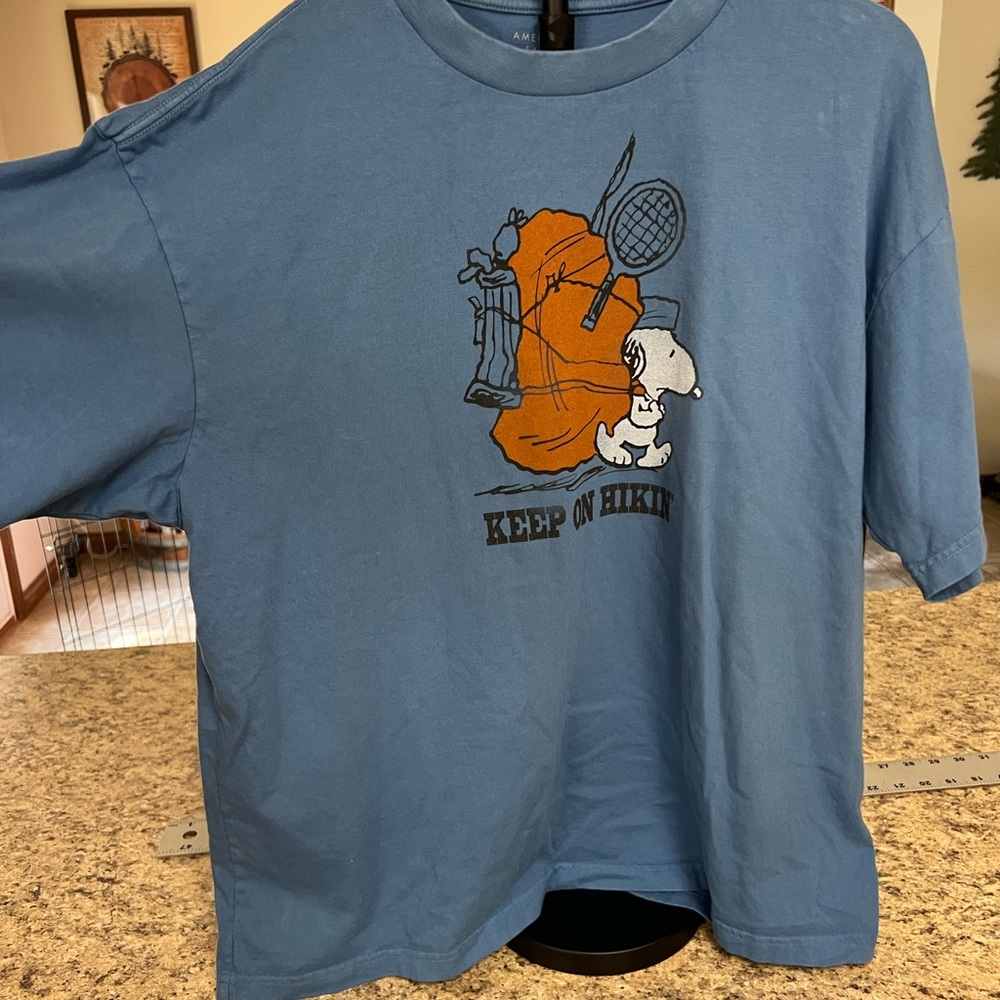 American Eagle Peanuts Keep On Hikin' Snoopy Graphic boxy fit Tee Blue nature